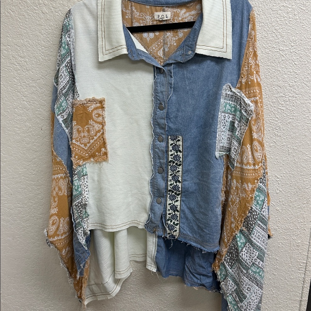 POL Mixed Material Button-Down Shirt - image 3